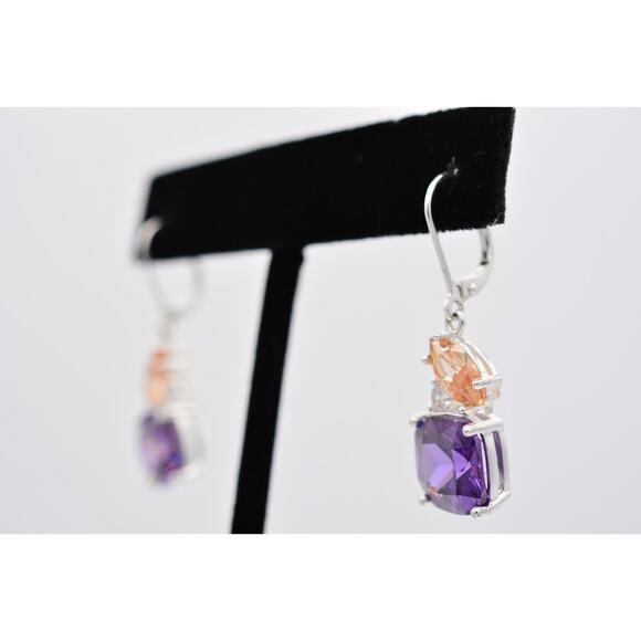 NVC Crystal Dangle Earrings Purple Orange Rhinestone Silver Tone Signed BinAK - Picture 2 of 12